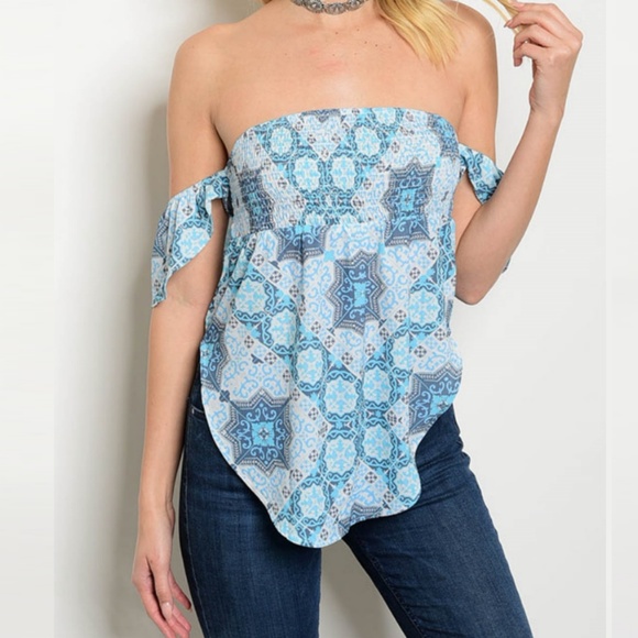 Tops - Off Shoulder Tops Boho Print Cotton Top Blue